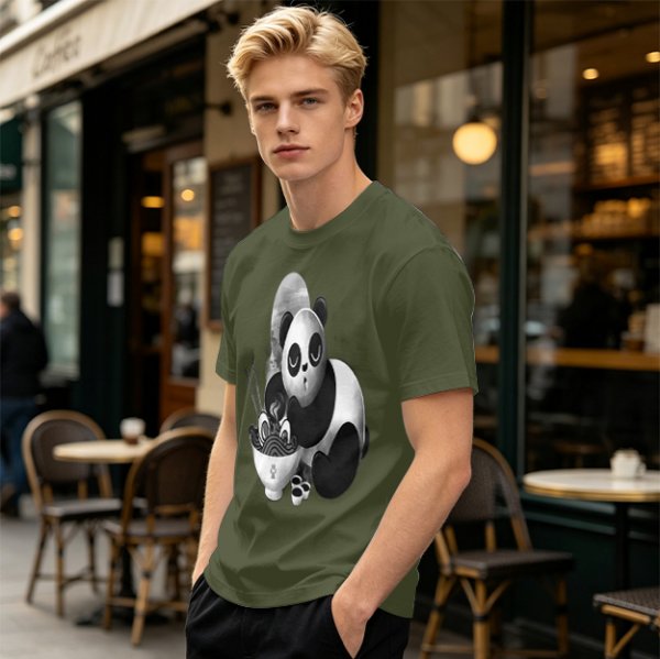 Olive T-Shirt With Panda Eating Ramen Graphic Print
