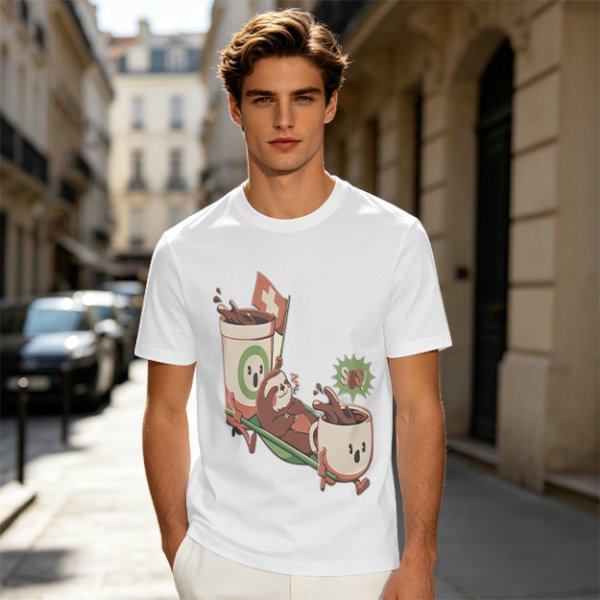 Olive green graphic tee with a sloth relaxing between anthropomorphic coffee mugs