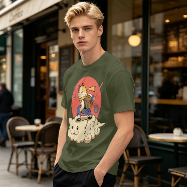 Olive T-shirt with a cat warrior riding a flying cloud graphic