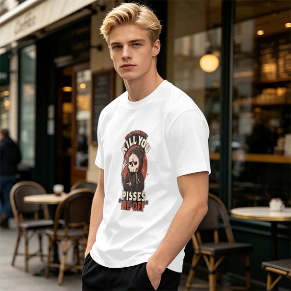 Olive t-shirt with grim reaper graphic and provocative text