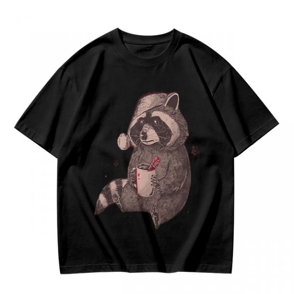 Olive T-Shirt With Raccoon In Santa Hat Holding Mug Print