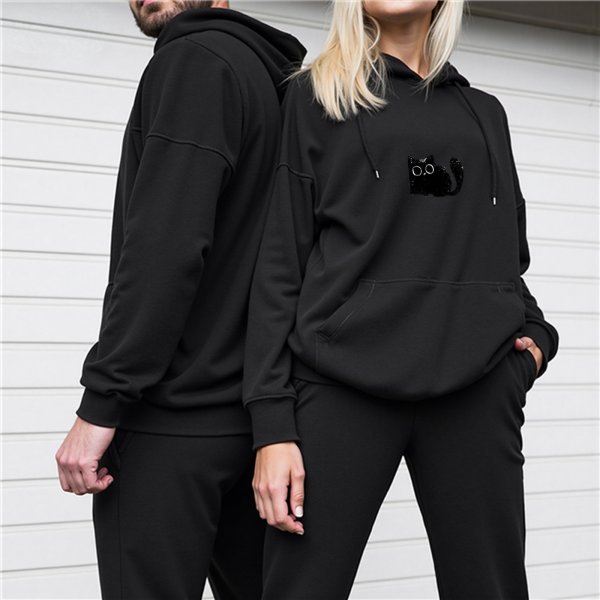 Black Hoodie with Small Black Cat Graphic on Chest