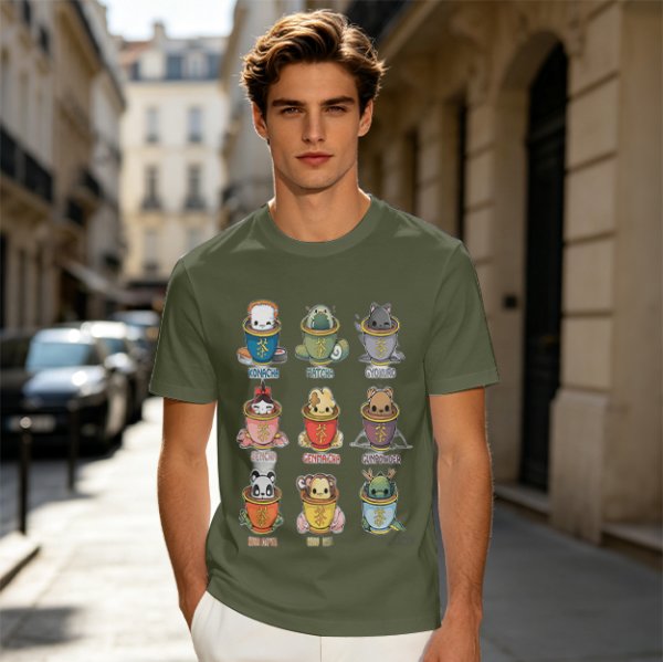 Olive T-Shirt With Cute Animal Teacup Character Print