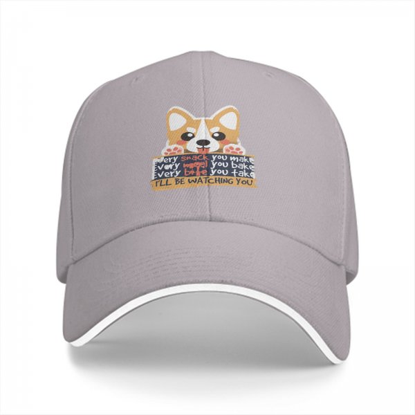 Black baseball cap with corgi dog and 'I'll Be Watching You' snack quote