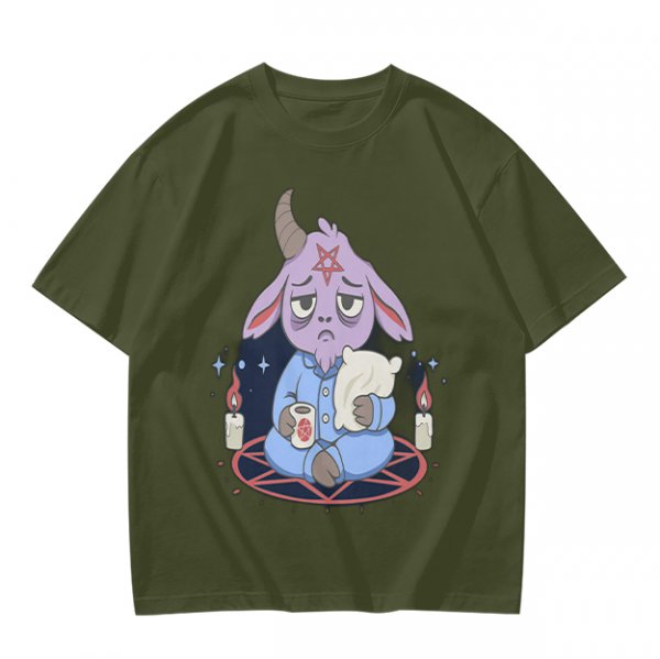 Oversized T-Shirt With Sleepy Baphomet Goat In Pajamas Print