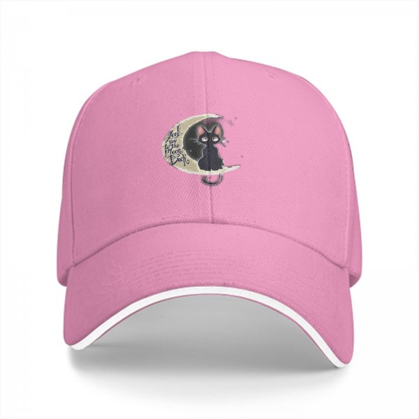 Black Baseball Cap with Black Cat on Crescent Moon Design