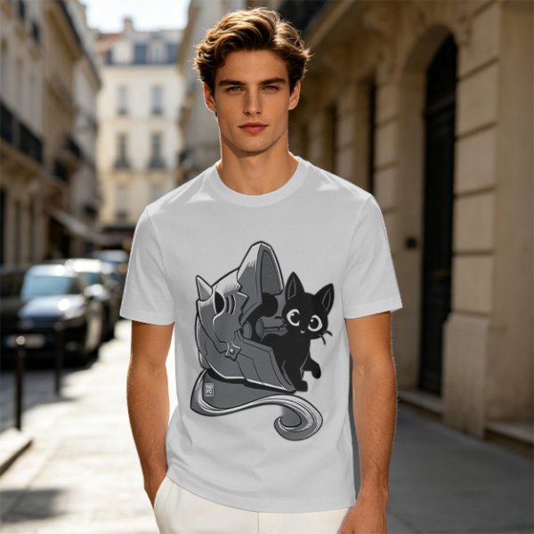 Olive Green T-Shirt With Black Cat Peeking From Knight Helmet Art