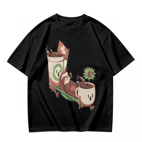 Olive green graphic tee with a sloth relaxing between anthropomorphic coffee mugs