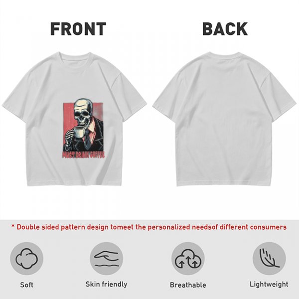 Olive T-shirt with Skeleton Drinking Coffee Must Drink Coffee Print