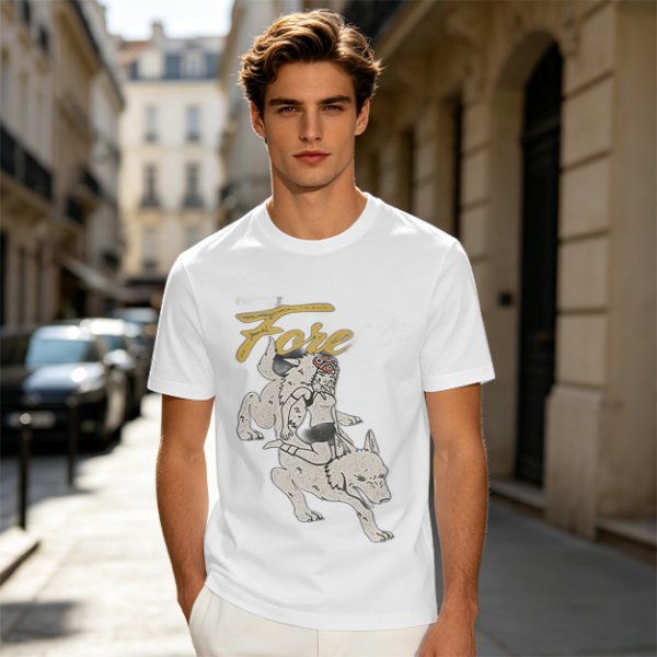 Olive graphic t-shirt with wolf rider and 'Fore' text print