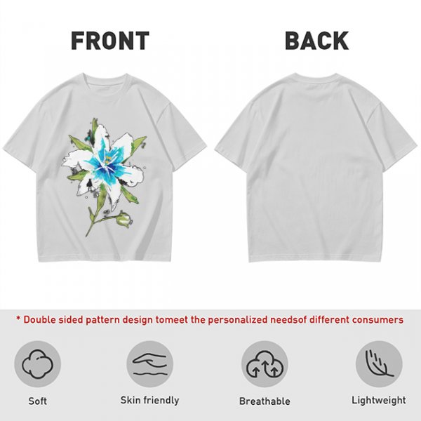 Olive Green T-Shirt with Watercolor Blue Lily Flower Print