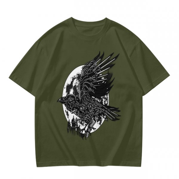 Olive Graphic T-Shirt with Mechanical Raven and Full Moon Print
