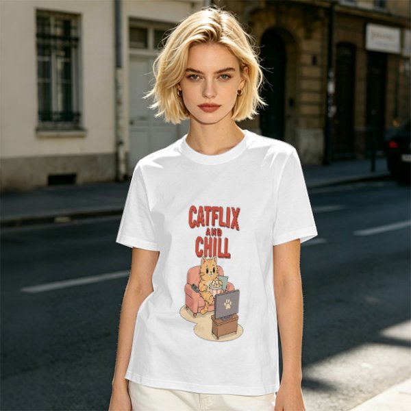 Catflix and Chill Orange Cat Watching TV Graphic T-Shirt