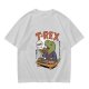 Olive T-shirt with cartoon T-Rex holding small dinosaurs and RAWR text