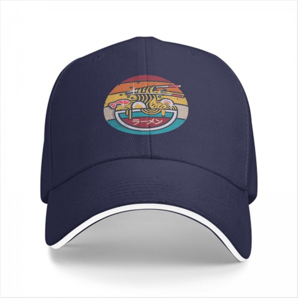 Black Baseball Cap With Retro Ramen Bowl Graphic Design