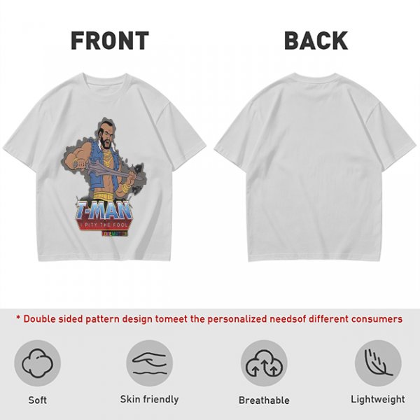 Olive T-shirt with T-Man He-Man parody graphic and 'I Pity The Fool' text
