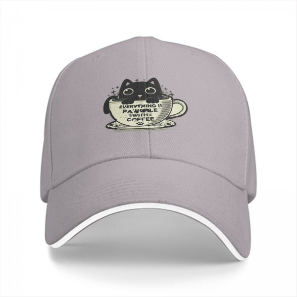 Black Baseball Cap With Cat In Coffee Cup 'Everything Is Pawsible With Coffee' Print
