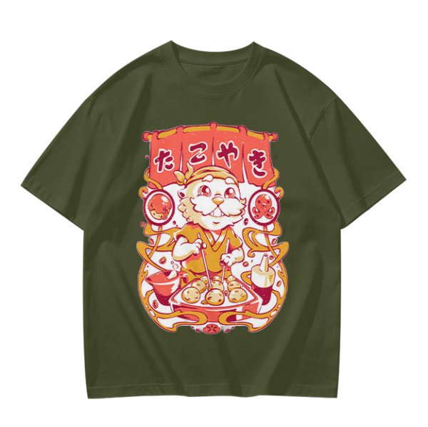 Olive T-Shirt with Cute Takoyaki Chef Graphic Print