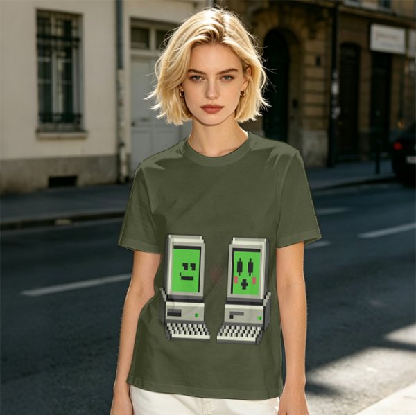Olive T-shirt with pixel art retro computer characters print