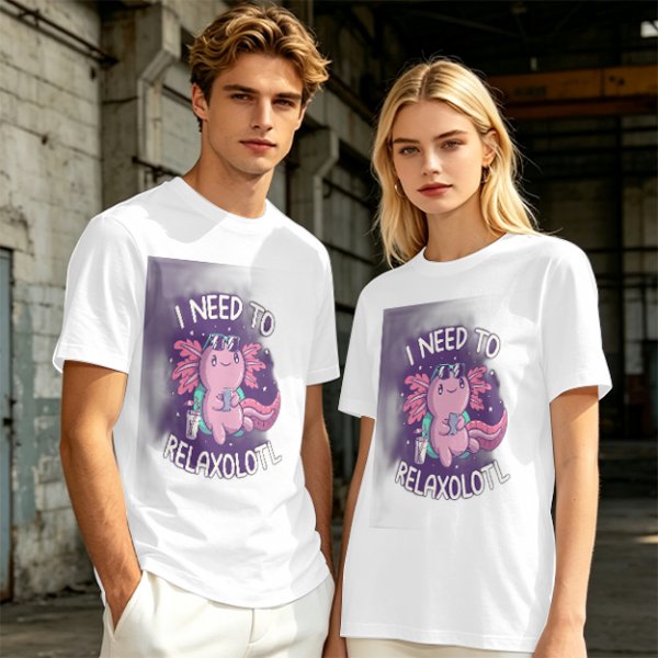 Olive t-shirt with axolotl 'I need to relaxolotl' graphic