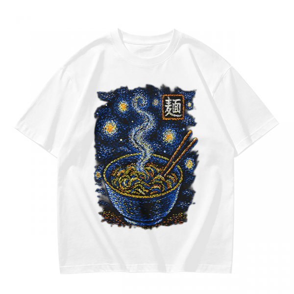 Olive t-shirt with starry night ramen bowl graphic
