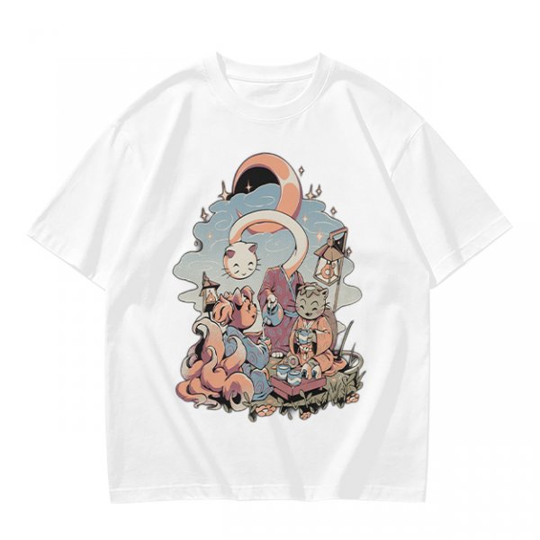Olive T-Shirt With Whimsical Cat Crescent Moon Artwork