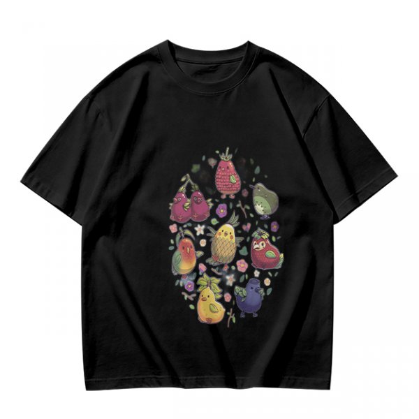 Olive Green T-Shirt With Whimsical Fruit Bird Graphic Print