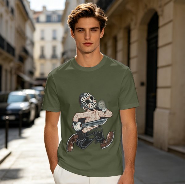 Olive T-Shirt with Cartoon Jason Voorhees Graphic Print