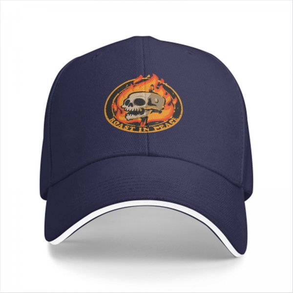 Black baseball cap with roast in peace skull and fire graphic