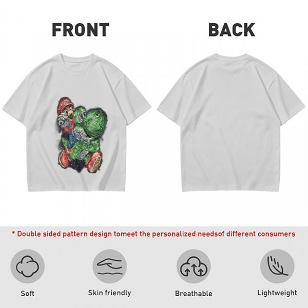 Olive T-shirt with Mario and Yoshi artistic graphic print