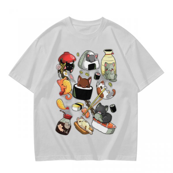 Olive T-Shirt With Cute Sushi Cat Illustrations