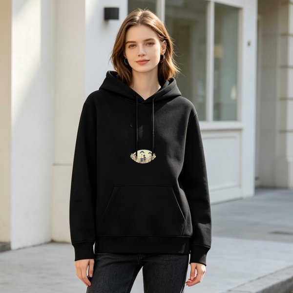 Black Hoodie With Small Moon Scene Graphic Print