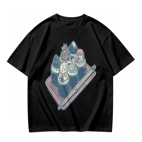 Olive T-Shirt With Sushi Themed Character Art Print