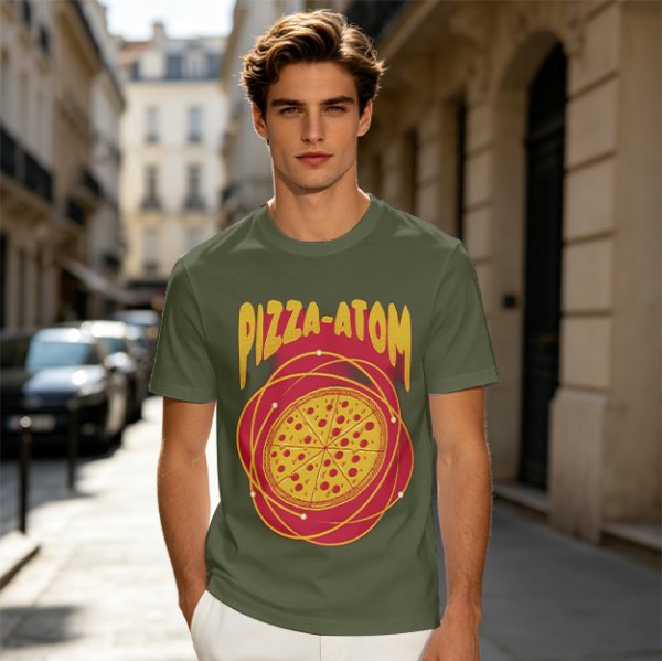 Olive green graphic t-shirt with pizza atom design