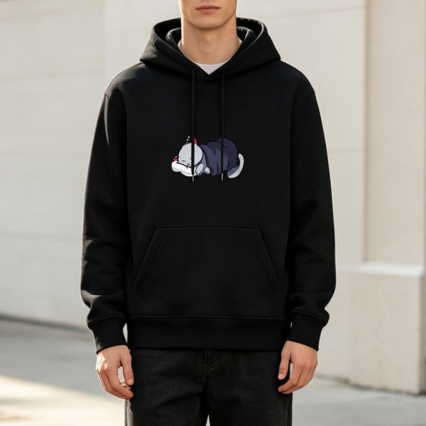 Black Hoodie With Cute Sleeping Cat Graphic Print