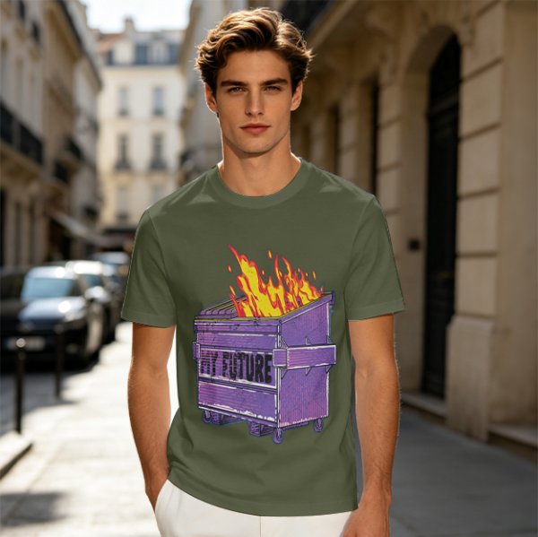 Olive T-Shirt With Burning Dumpster 'My Future' Graphic