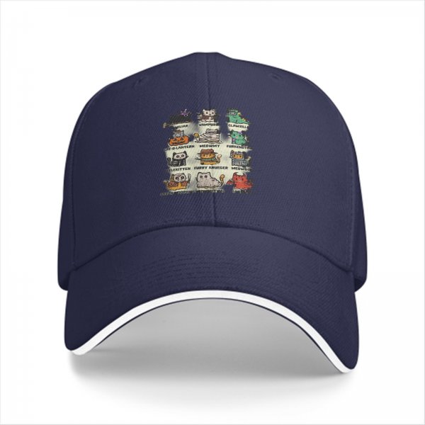 Black Baseball Cap With Halloween Themed Cat Character Print