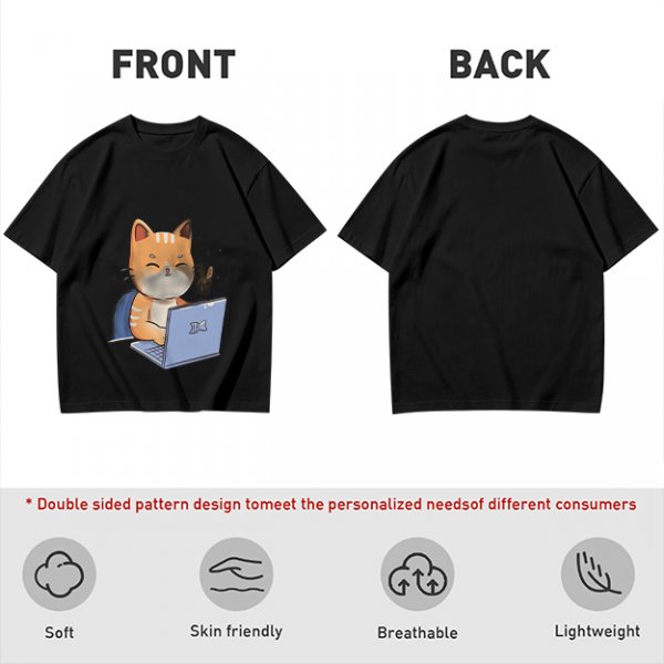 Olive T-Shirt With Cute Orange Cat Working On Laptop Print