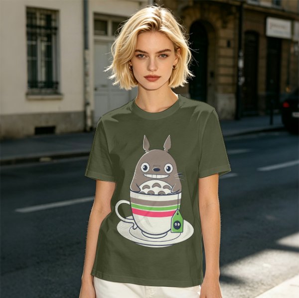 Totoro in Teacup Graphic Olive T-Shirt