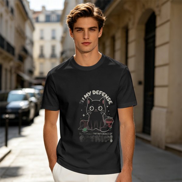 Olive t-shirt with black cat 'In My Defense I Was Under Catnip' print