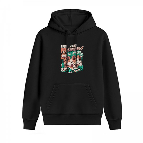 Black hoodie with corgi graphic and comic style print