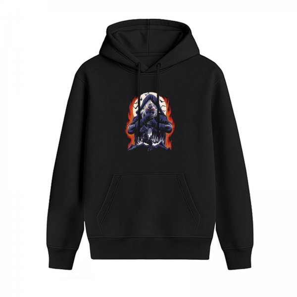 Black Hoodie With Dark Hooded Reaper Graphic And Flames