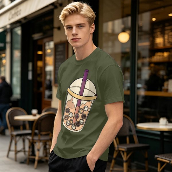 Olive T-Shirt With Halloween Themed Boba Tea Graphic