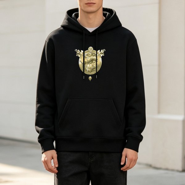Black Hoodie With Gold Ornate Emblem Graphic Print