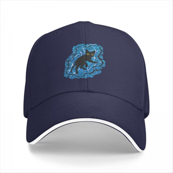 Black Baseball Cap With Playful Black Cat On Blue Abstract Background
