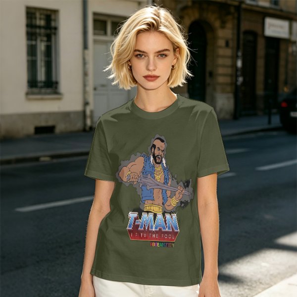 Olive T-shirt with T-Man He-Man parody graphic and 'I Pity The Fool' text