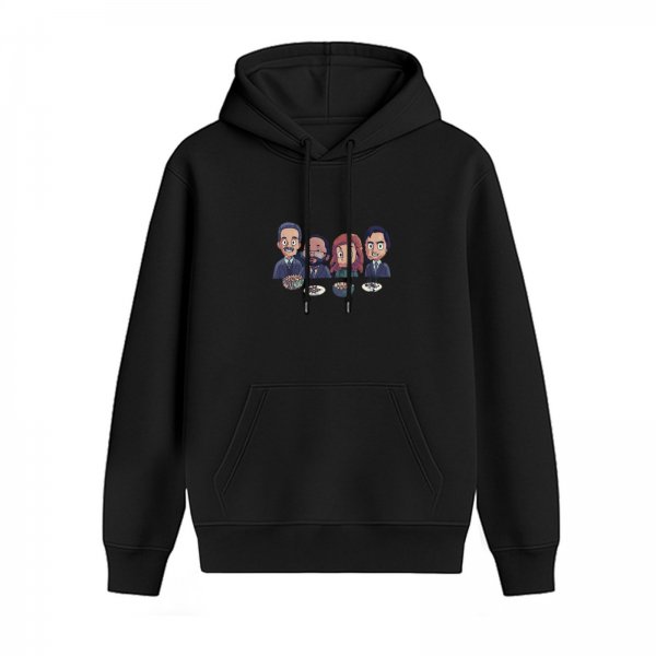 Black Hoodie With Cartoon Business Characters And Food Print