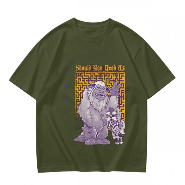 Olive graphic tee with maze and fantasy creatures reading Should You Need Us