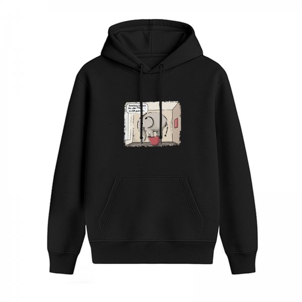 Black hoodie with cartoon elephant in bathroom graphic print