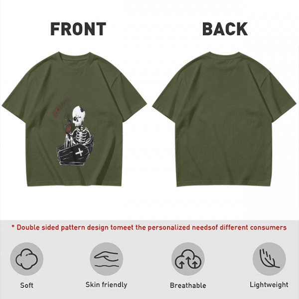 Olive T-shirt with Skeleton in Coffin Holding Coffee Print